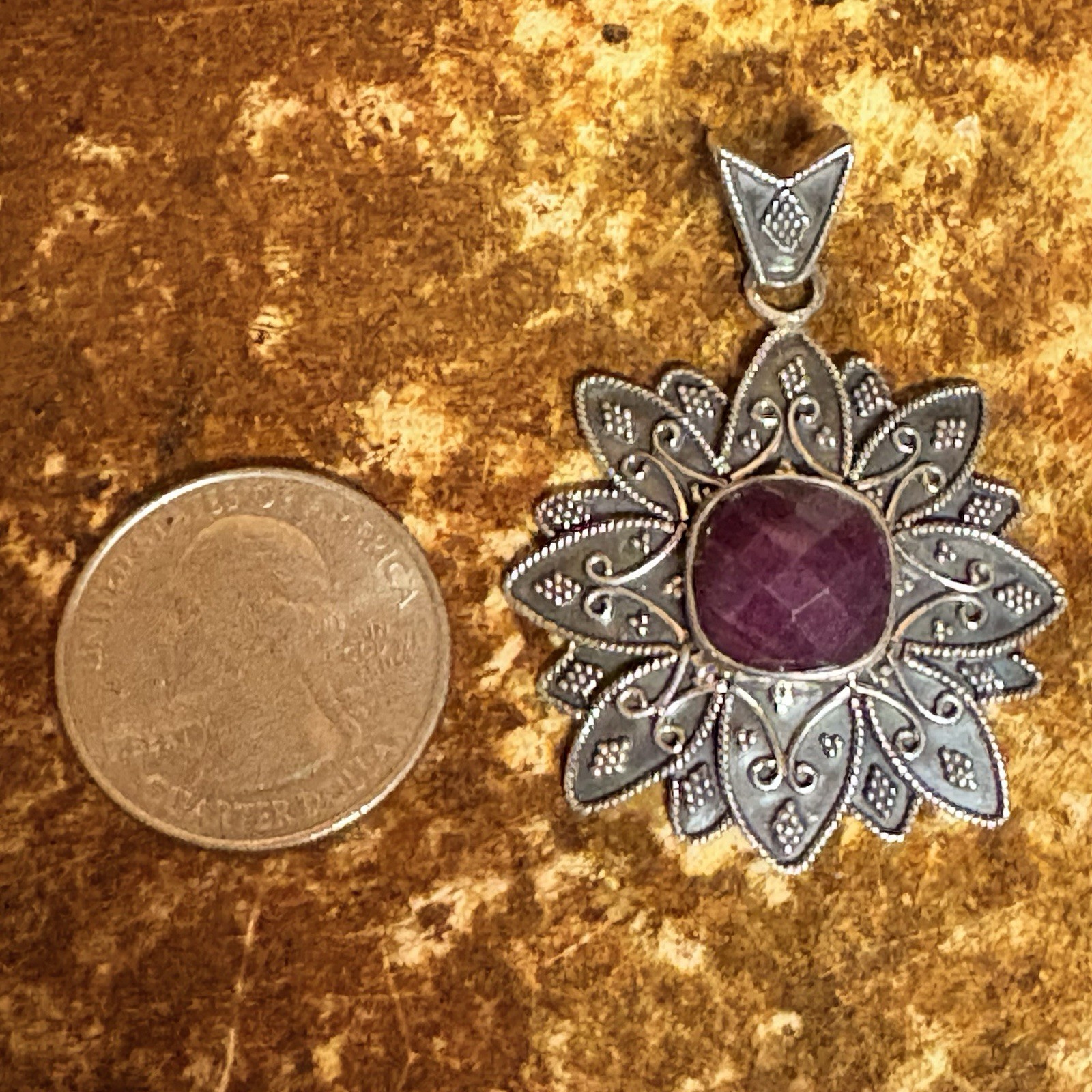 Sterling Silver and Ruby Pendant by SI Made in India Bali Style Vintage