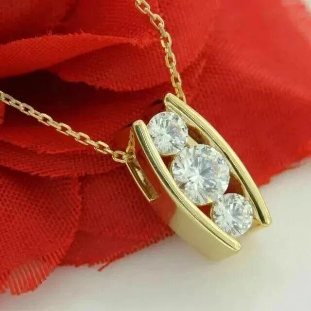 3CT Round Cut Moissanite Women Wedding Pendant 14K Yellow Gold Plated