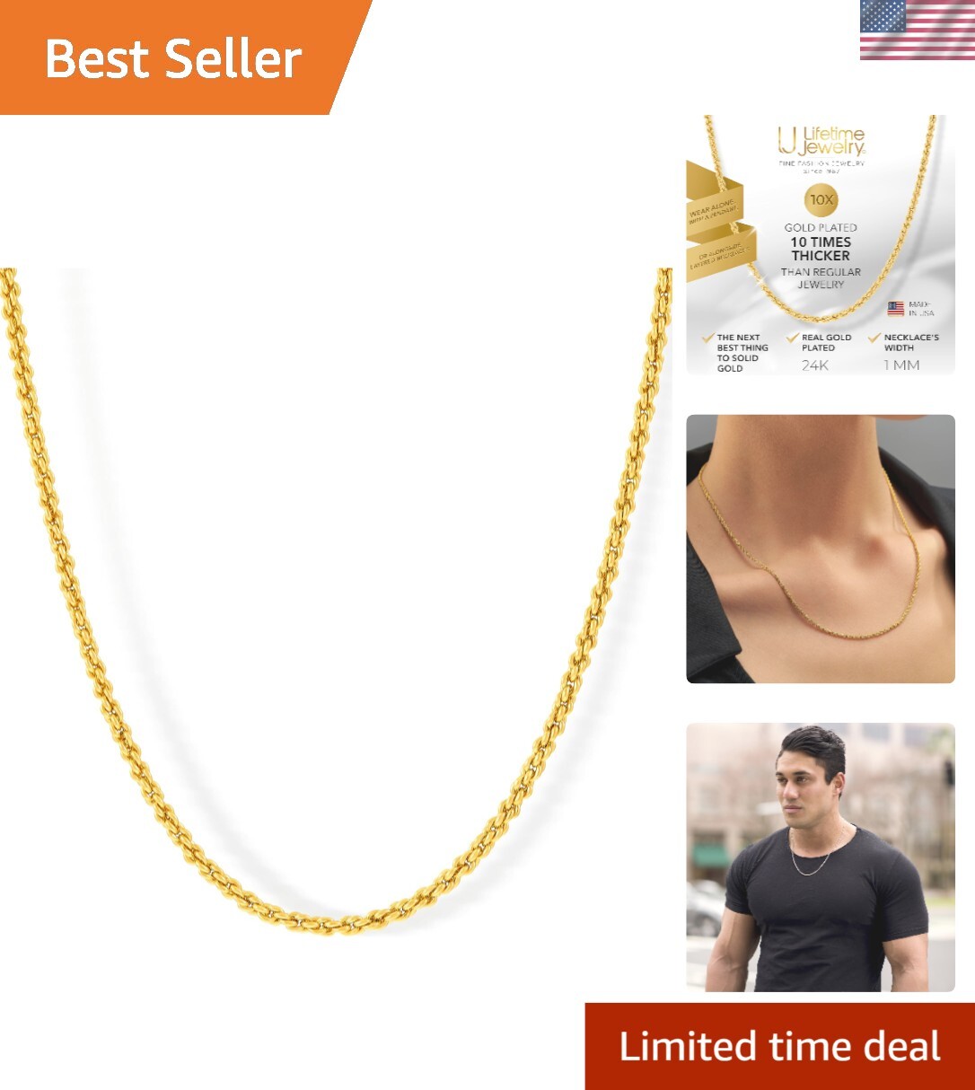 1mm 24k Gold Rope Chain Necklace – Luxurious & Durable Jewelry for All Occasions
