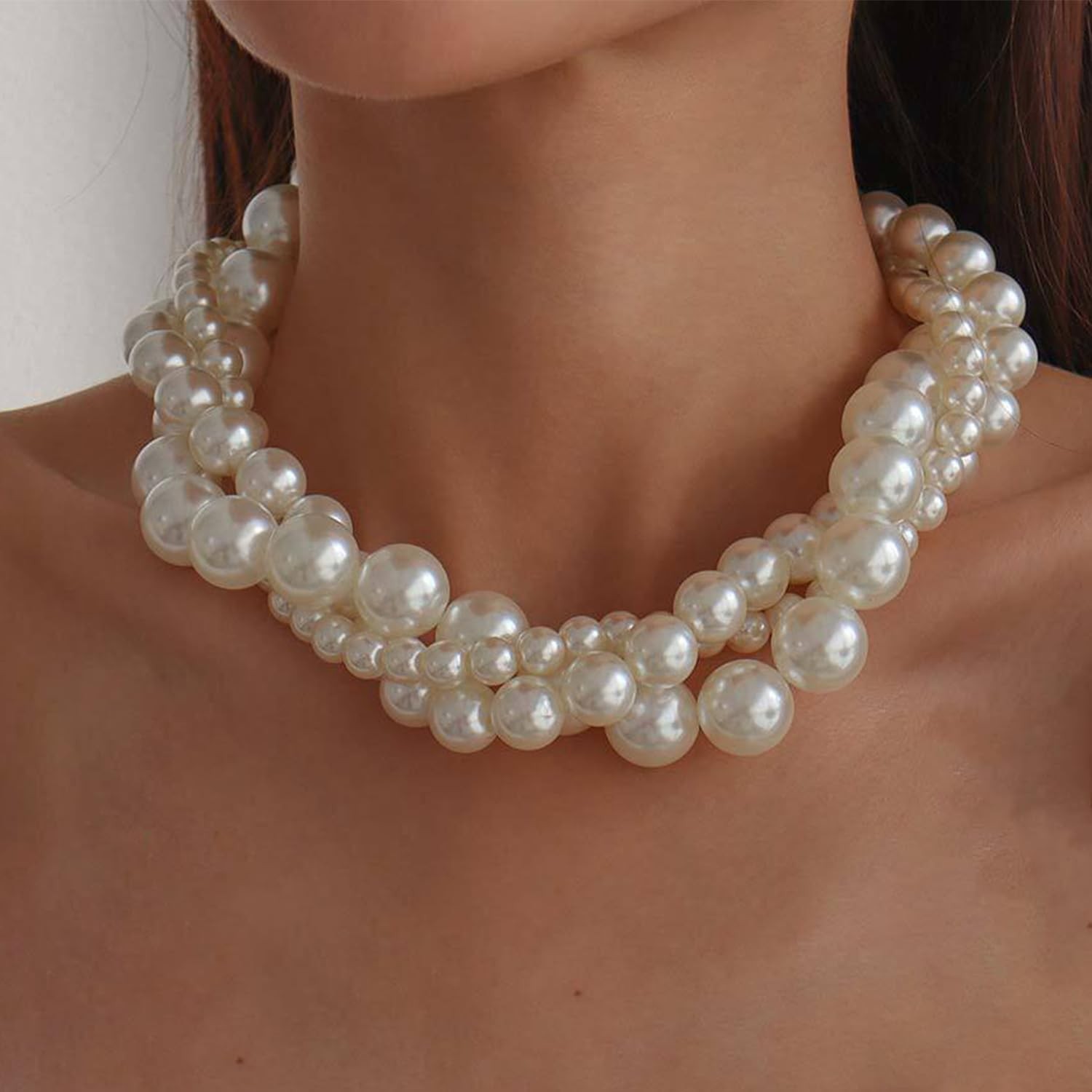 Boho Round Pearl Choker Necklace – Stackable, Adjustable, Statement Bride Choker