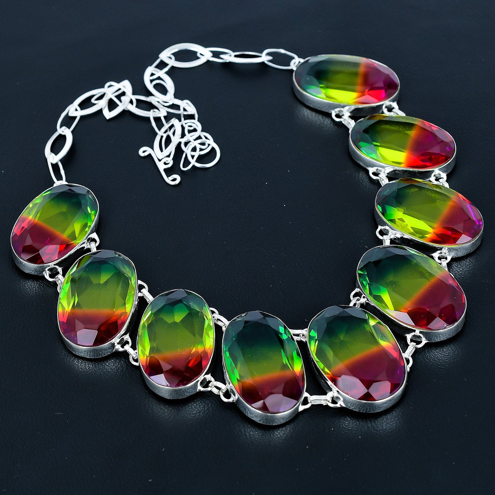 Multi Tourmaline Oval Gemstone 925 Sterling Silver Jewelry Necklace 18″ VJ 1407