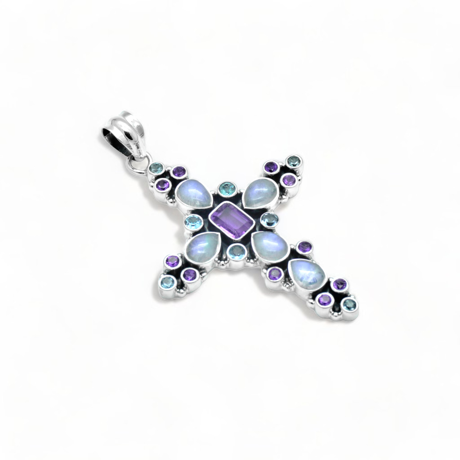 Amethyst & Moonstone Cross Pendant Sterling Silver 925 Christian Jewelry Gift
