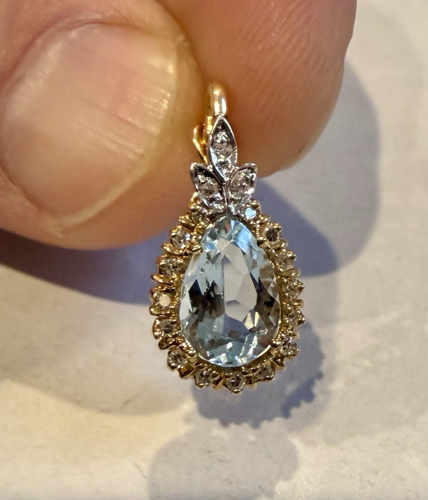 Estate 14k Yellow White Gold Pear Aquamarine Diamond Halo Pendant Lavalier 2ct