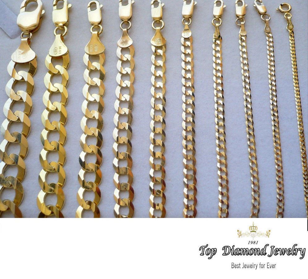 14K AUTHENTIC SOLID YELLOW GOLD CURB CUBAN LINK CHAINS 1.5MM TO 7MM SIZE 16″-36″