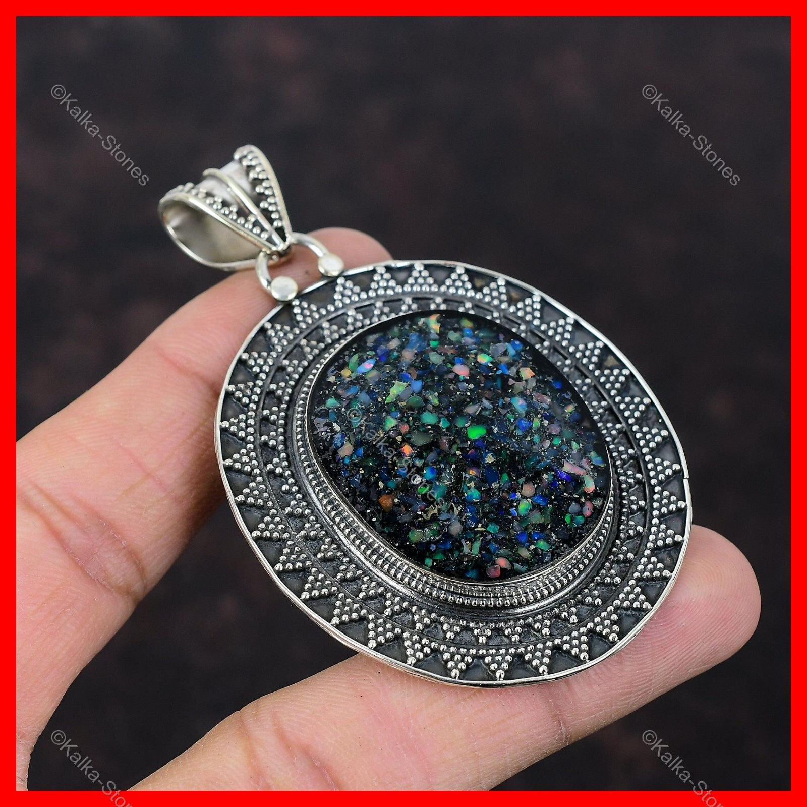 Sterling Silver Natural Black Ethiopian Opal Vintage Halloween Pendant Jewelry