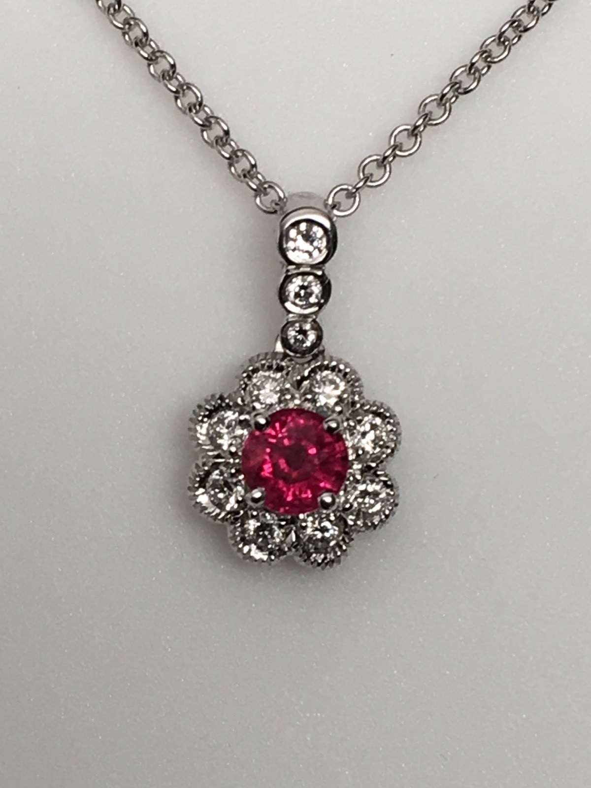 18K White Gold Cherry Red Ruby and 0.20ct Diamond Pendant with Chain Brand New