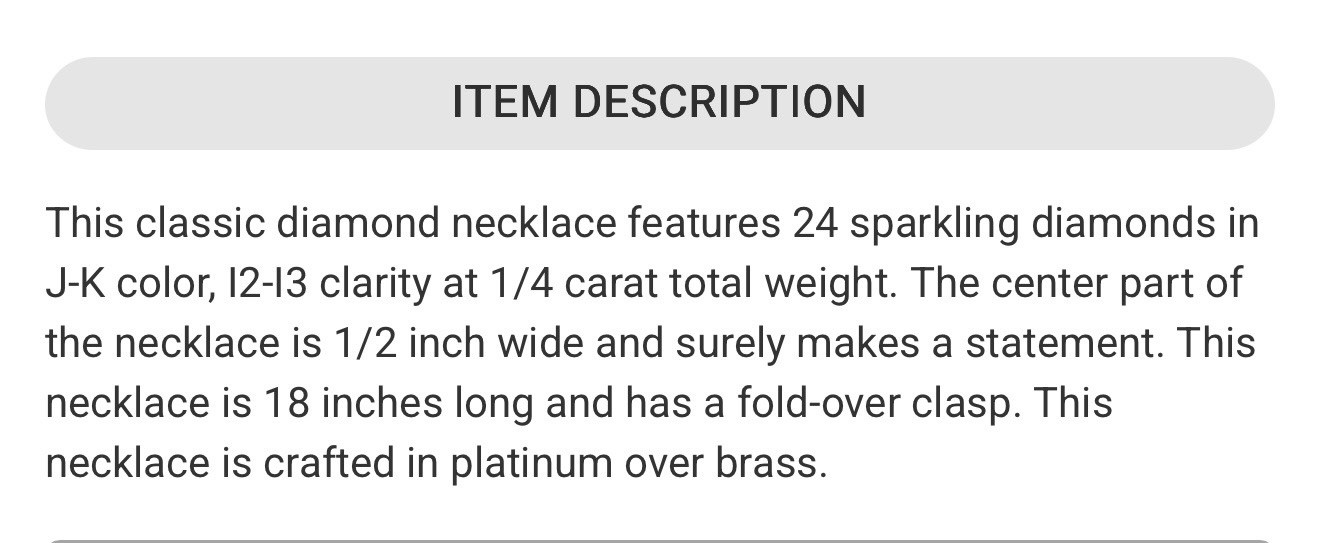 Platinum Plated Diamond Necklace 18″ 24 Natural Round Diamonds J-K I2-I3 0.25ctw