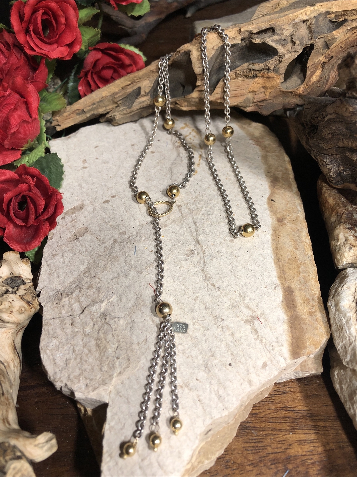 Vintage HANA Sterling Silver 925 Gold 14K Ball Lariat Tassel Necklace, 13.7g