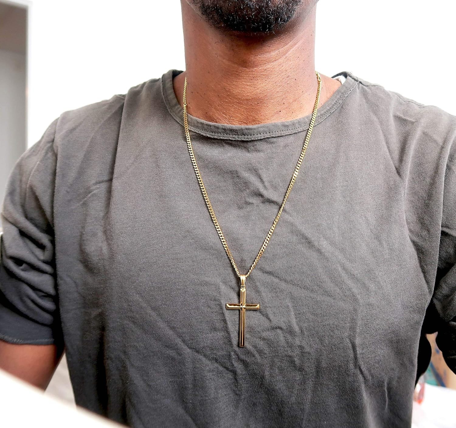 24K Gold Chain Style Cross Pendant Necklace Strong Clasp for MEN 24ct 3MM Thin