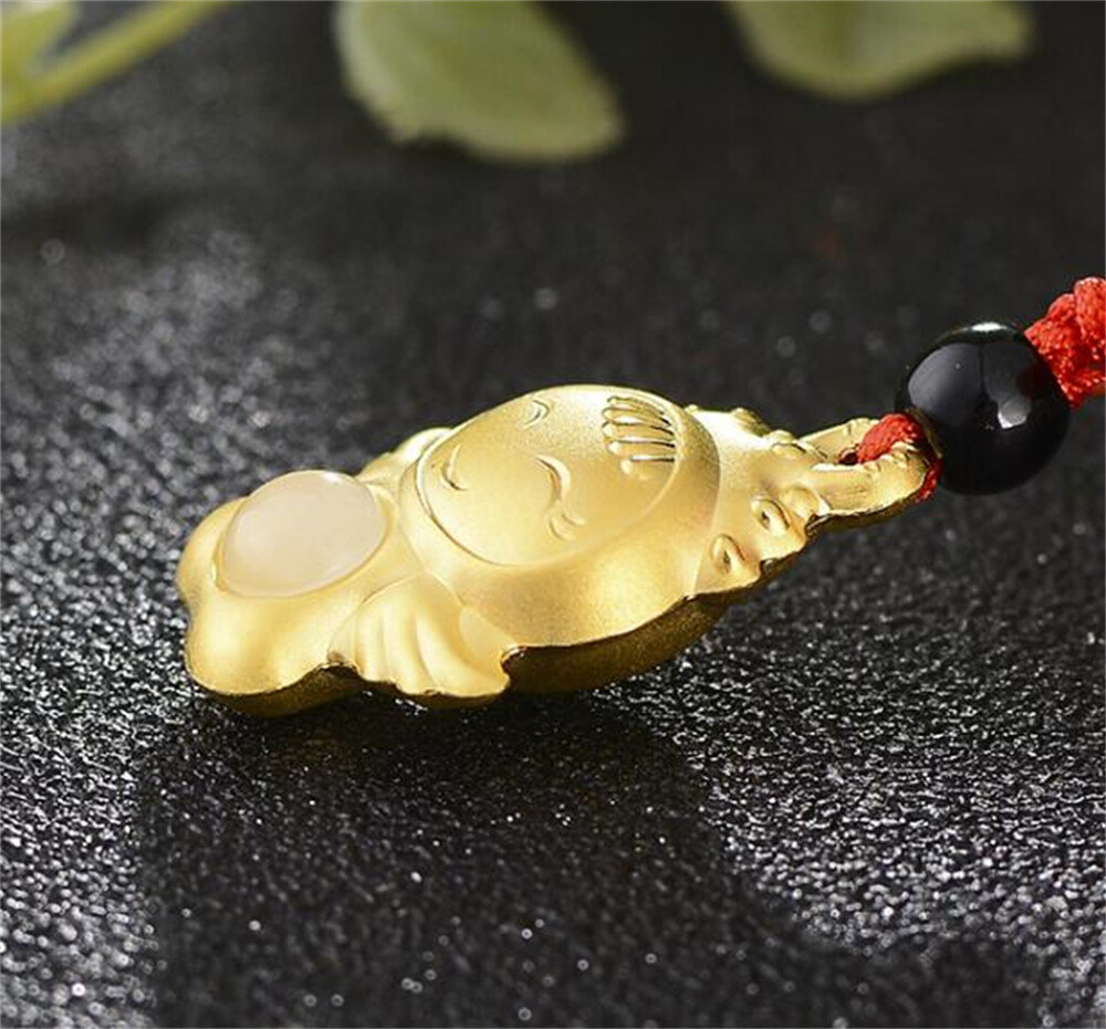 Natural Hetian Jade Solid Gold Carved Cute Angle Lucky Pendant Amulet Necklace