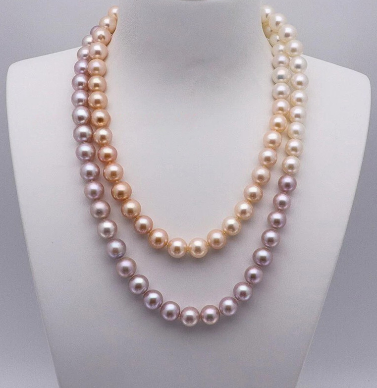 38″ AAA+ 9-10mm natural white pink purple south sea round pearl necklaces 14K