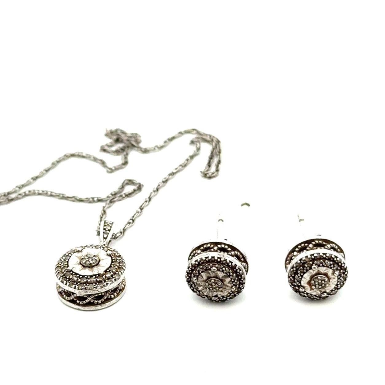 18” 925 Sterling Silver Diamond Accent + Cut Charm Pendant + Earrings, 4.9g