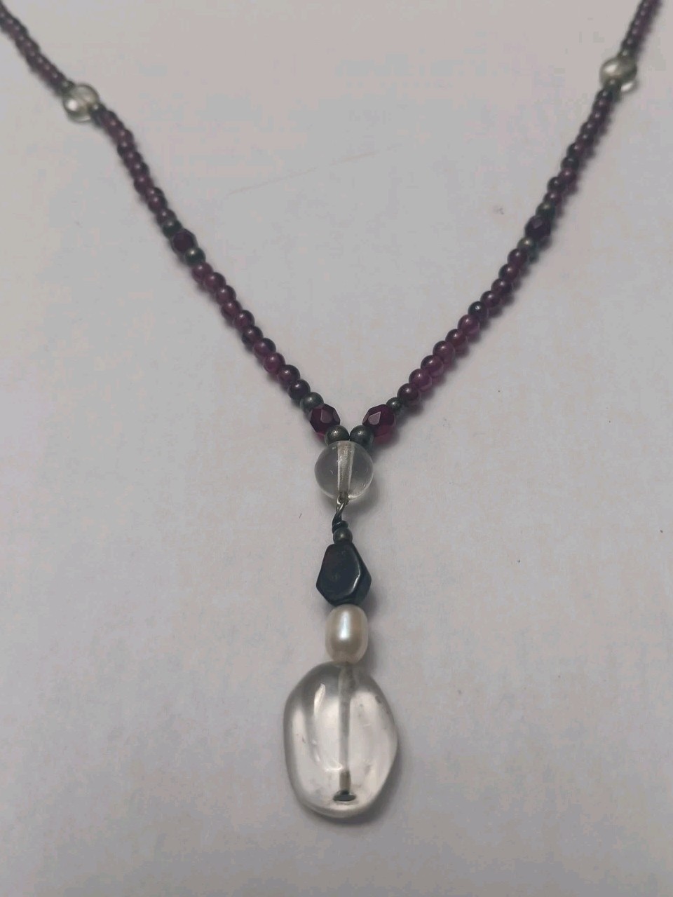 Vintage 19In Handmade Sterling Garnet Onyx Pearl & Quartz Necklace 925 Tested