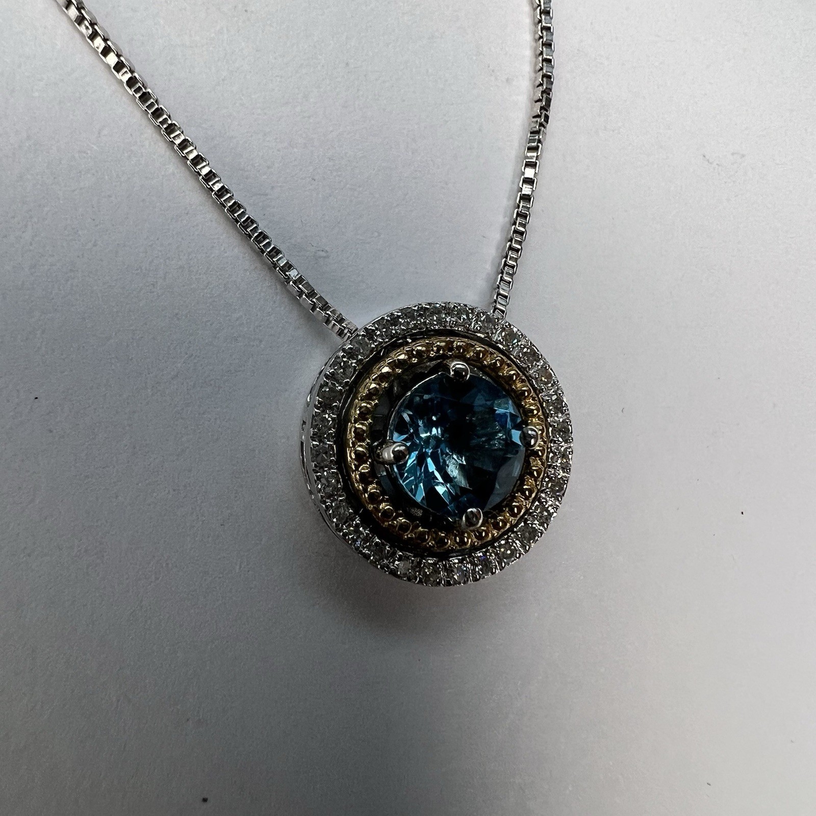 Blue Topaz Diamond Halo Pendant Necklace 925 Sterling Silver And 14K Gold NWT