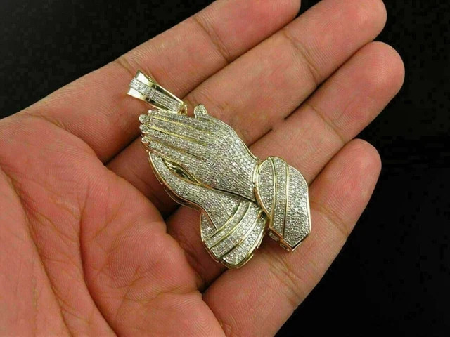 1.40Ct Round Moissanite Diamond Praying Hands Pendant 14K Yellow Gold Plated