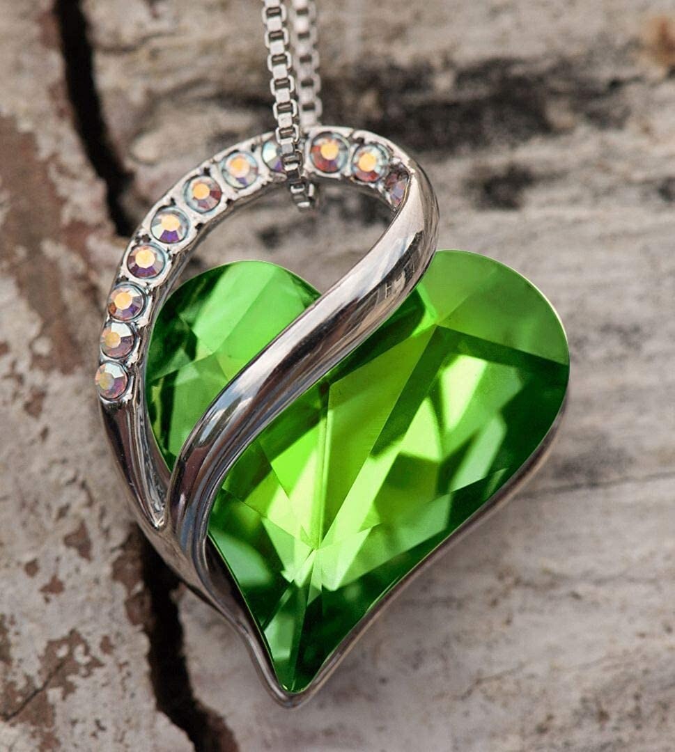 Silver Plated Green Peridot Women’s Infinity Crystal Heart Pendant CZ Stones