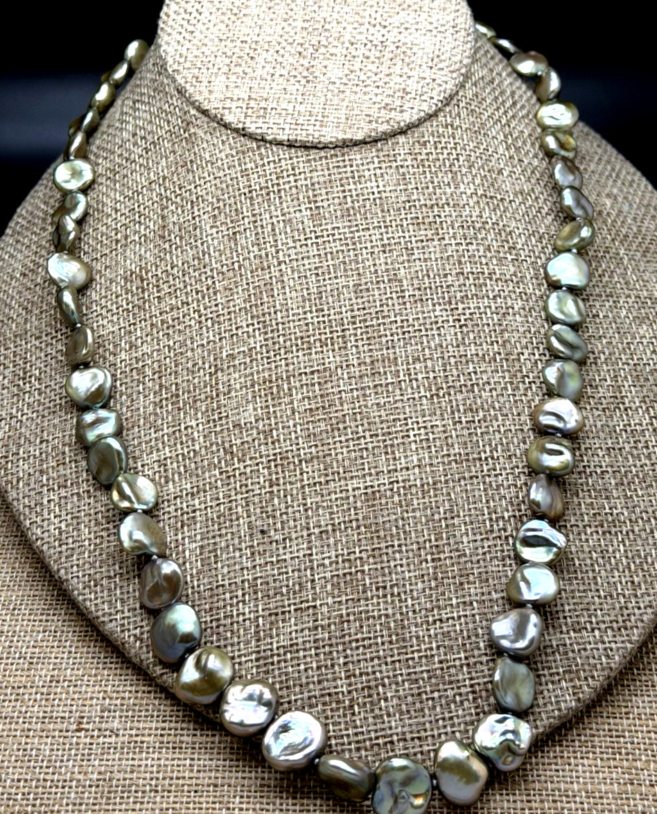 HONORA pistachio IRIDESCENT KESHI 8-12mm PEARL NECKLACE 20″ NEW IN POUCH