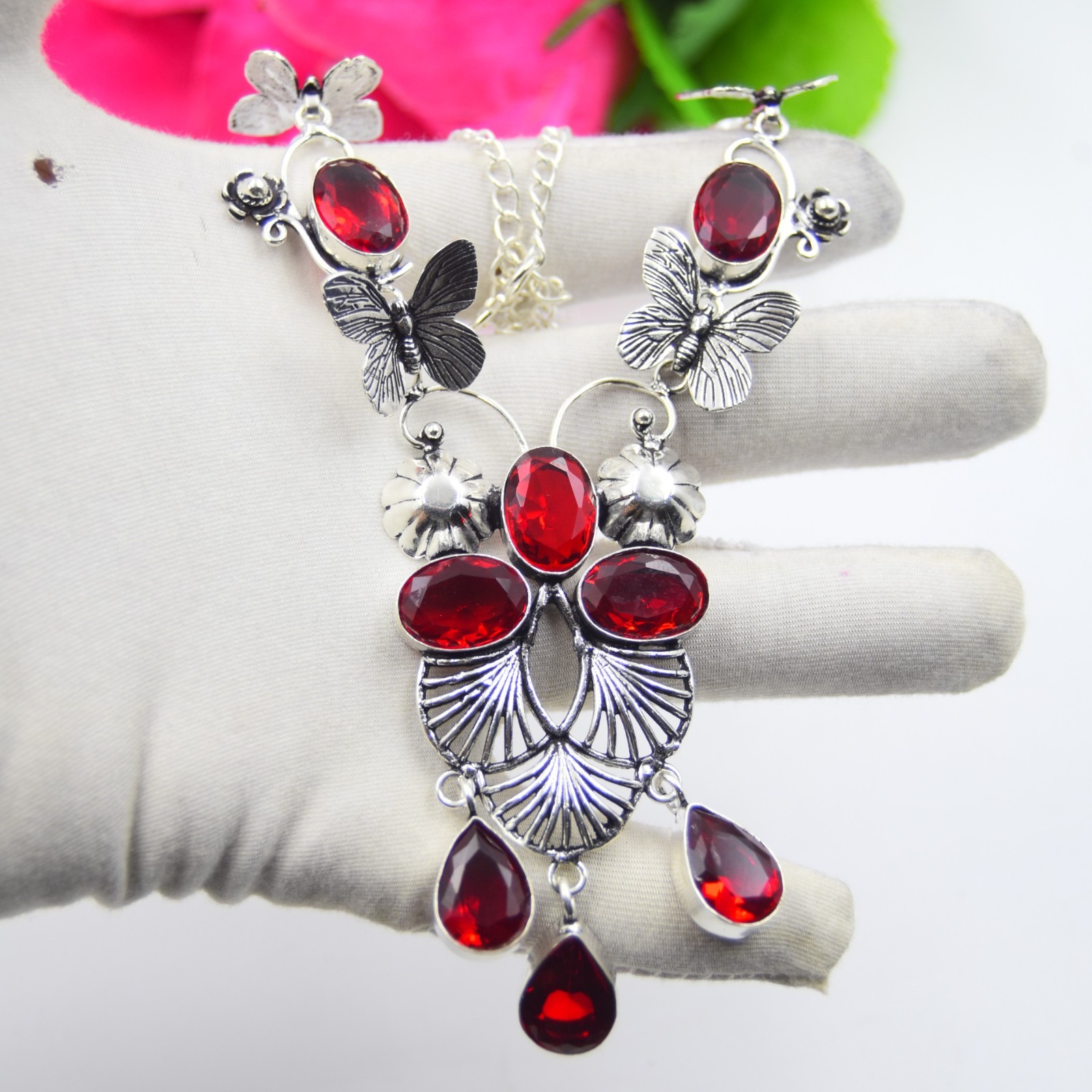Red Garnet Gemstone Handmade 925 Sterling Silver Jewelry Necklace Sz-17-18″