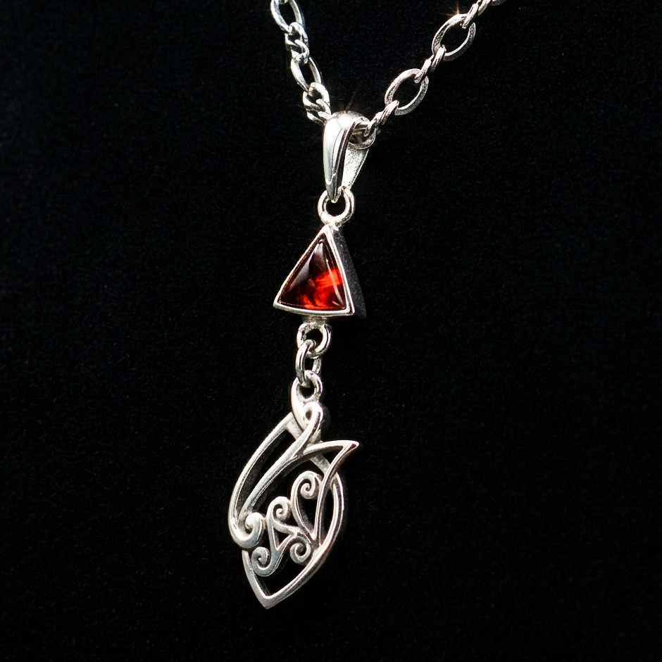 Vintage 925 Sterling Silver Cherry Baltic Amber Celtic Knot Necklace