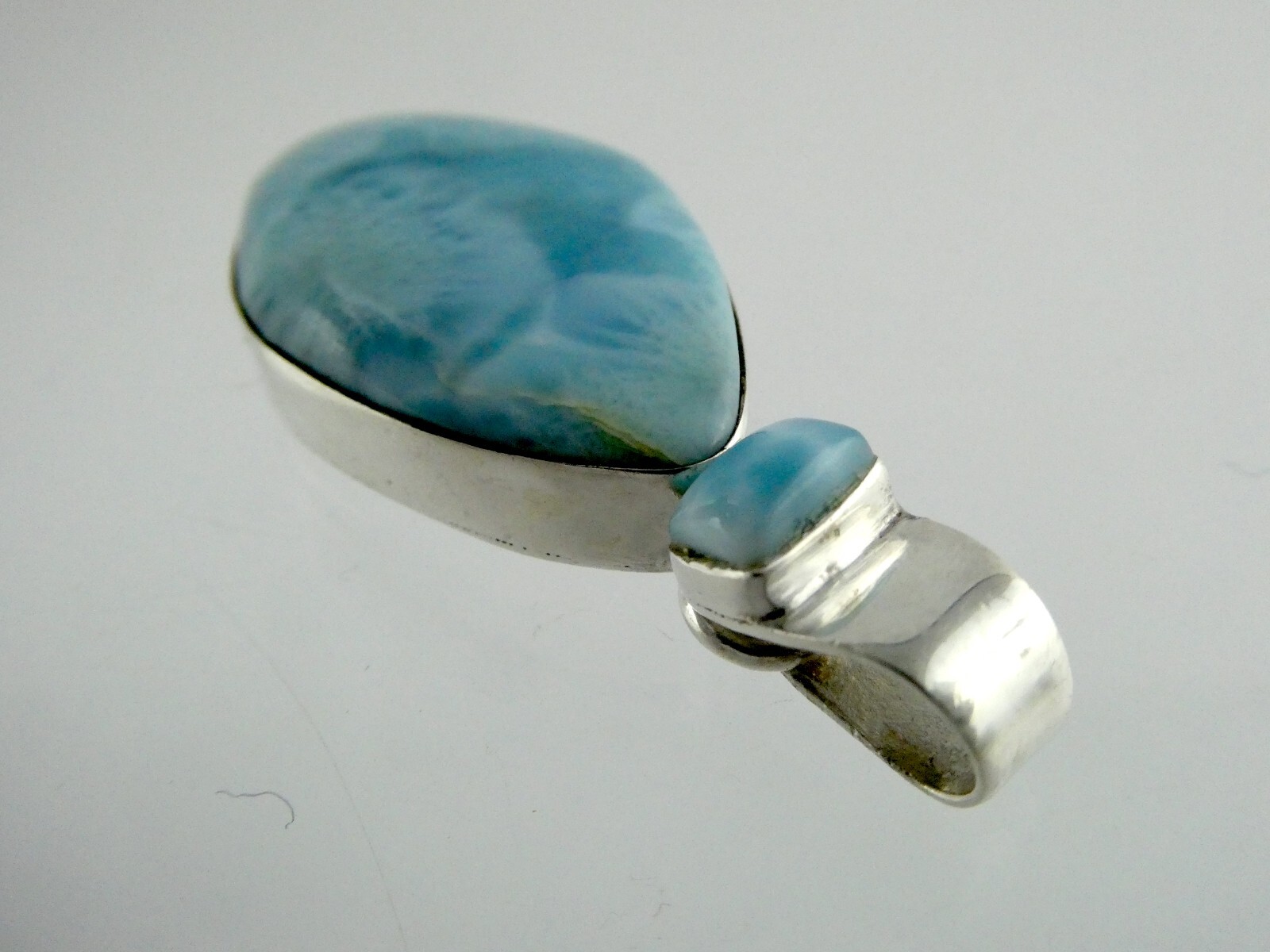 Sterling Silver Double Larimar Cabochon Freeform Cut Pendant 925 11.6g 1 5/8 In