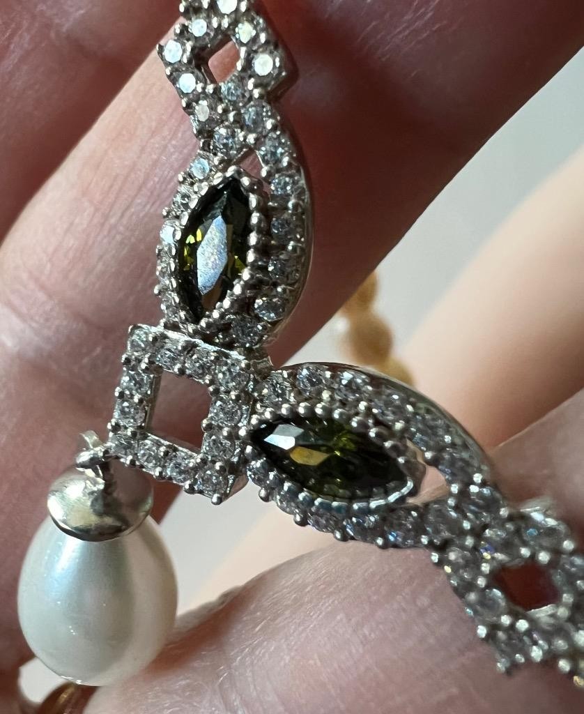 REAL PERIDOT Pearl SAPPHIRE 14K W Gold on SOLID 925 Drop Necklace PINK Victorian