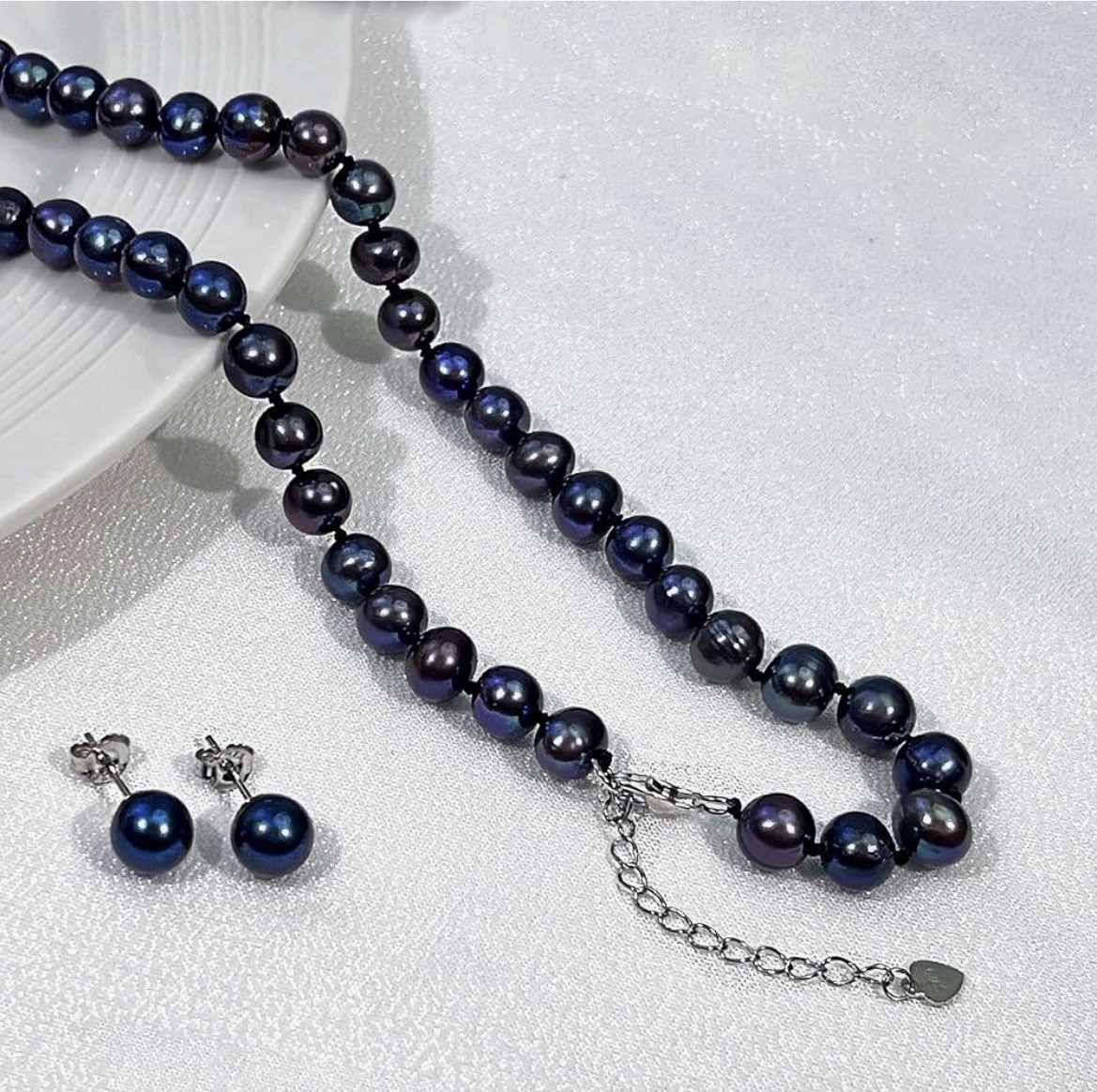 Natural 7.5 mm Black Tahitian Pearl Necklace Matching Studs 925 Silver 16” AAAA