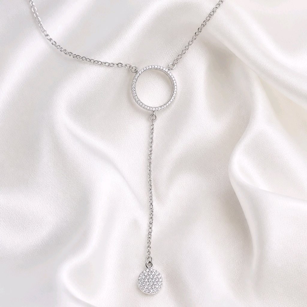 Sterling Silver CZ Circle Drop Necklace 40cm 3cm Extension Sparkling Pendant
