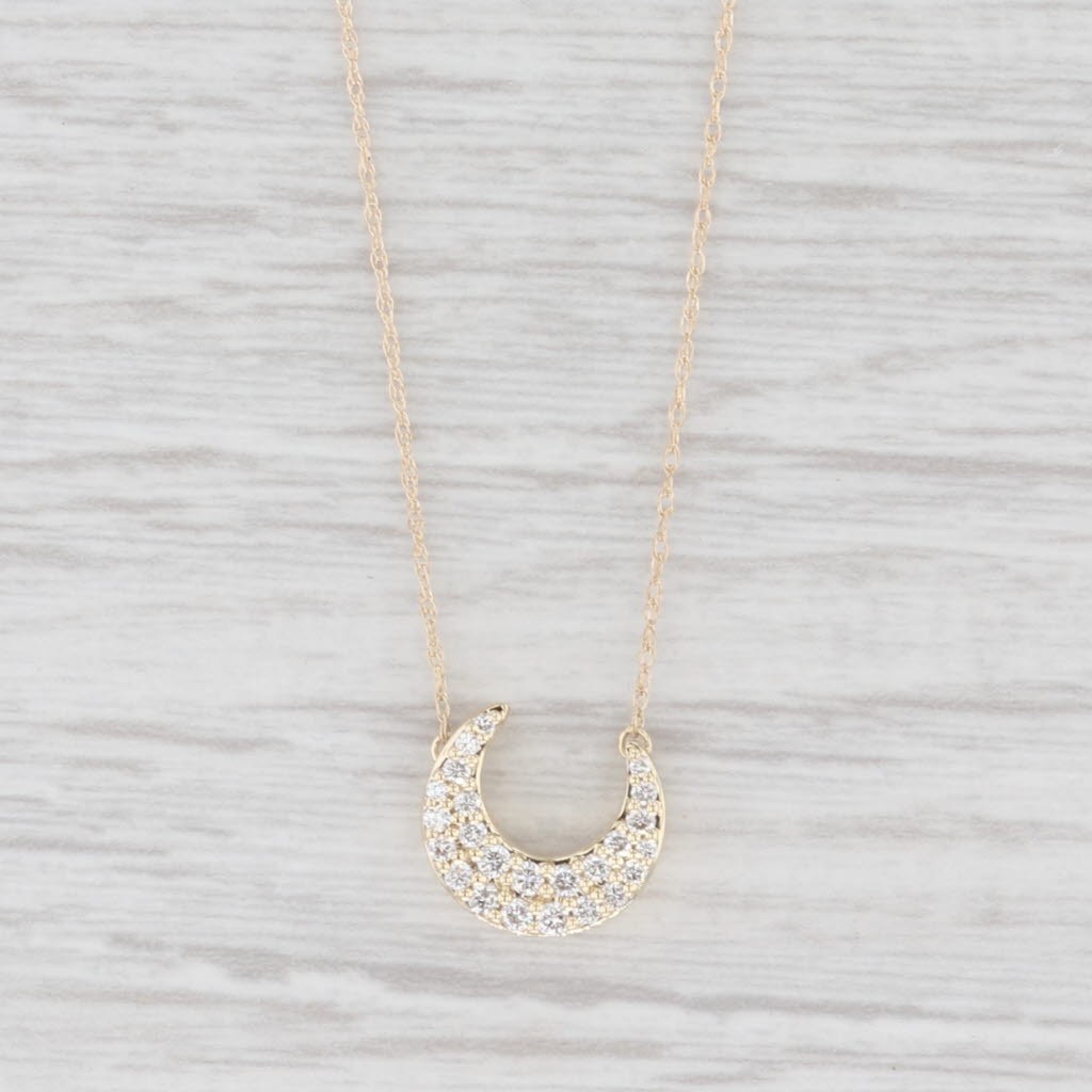 New 0.24ctw Diamond Crescent Moon Stationary Pendant Necklace 10k Gold 16″
