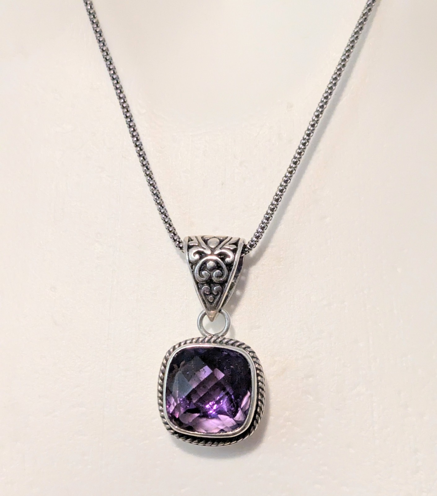 Sterling Silver Cushion Cut Purple Amethyst Filigree Popcorn Link Necklace