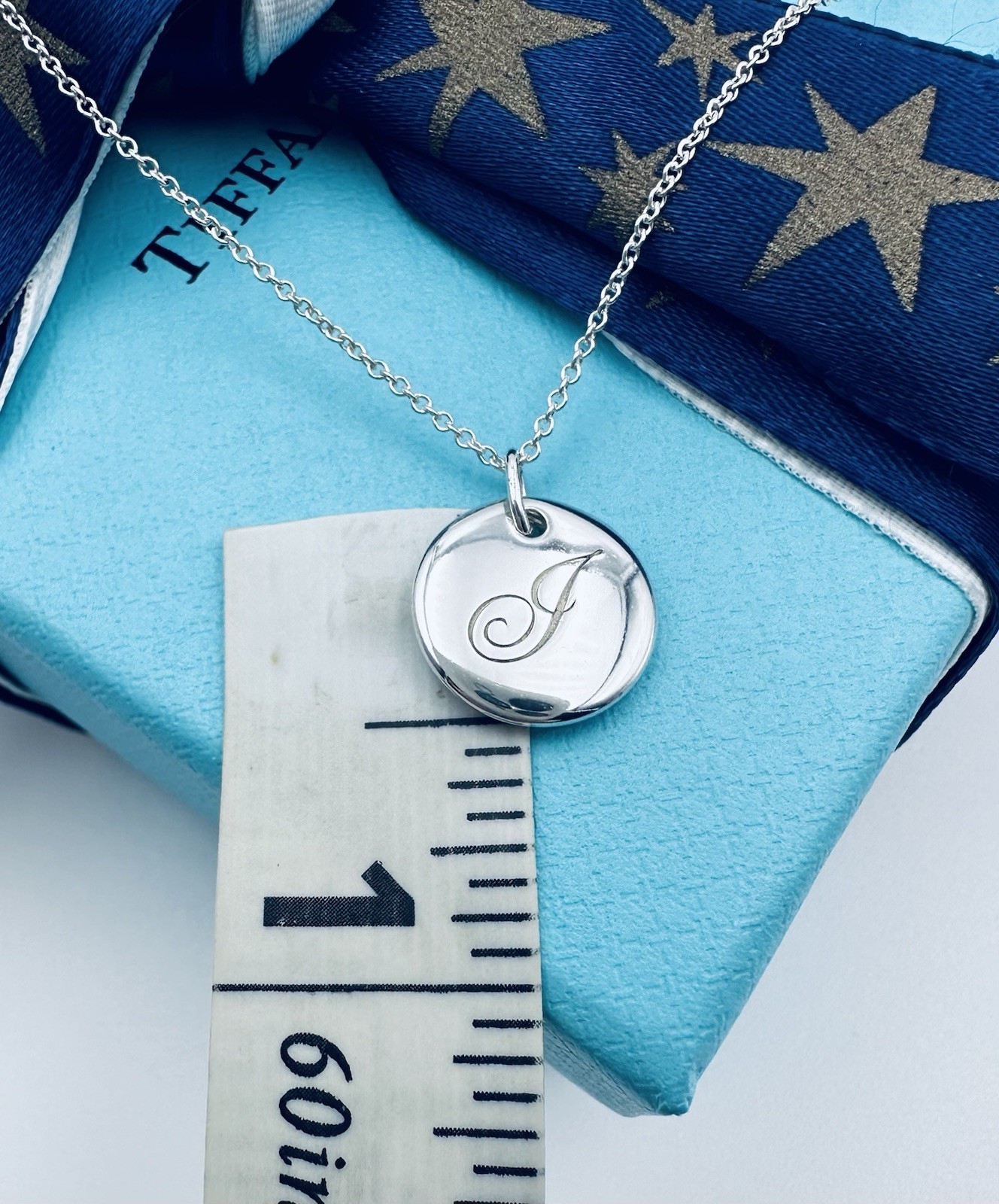 Tiffany & Co. Retired Notes Letter J Disc Charm Necklace 16” in Silver w Pouch