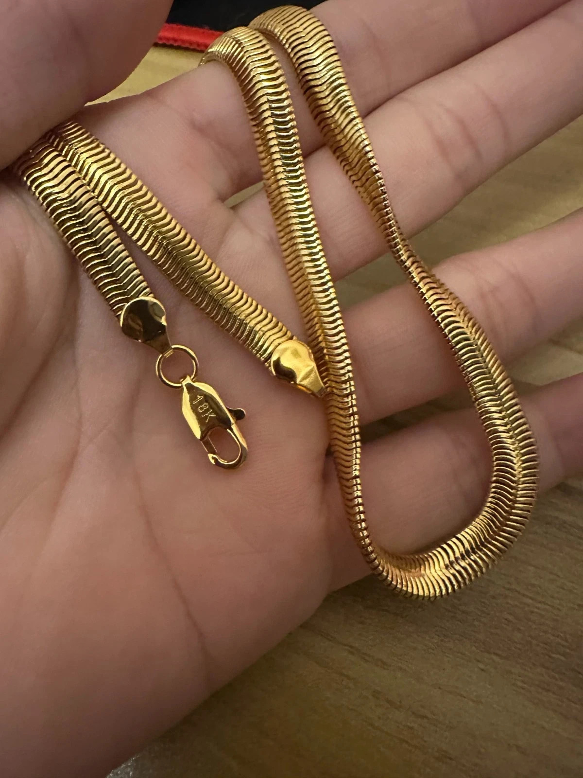 18K Solid Gold 6mm 18” Herringbone Chain Necklace Flat Snake Bone Link Chain