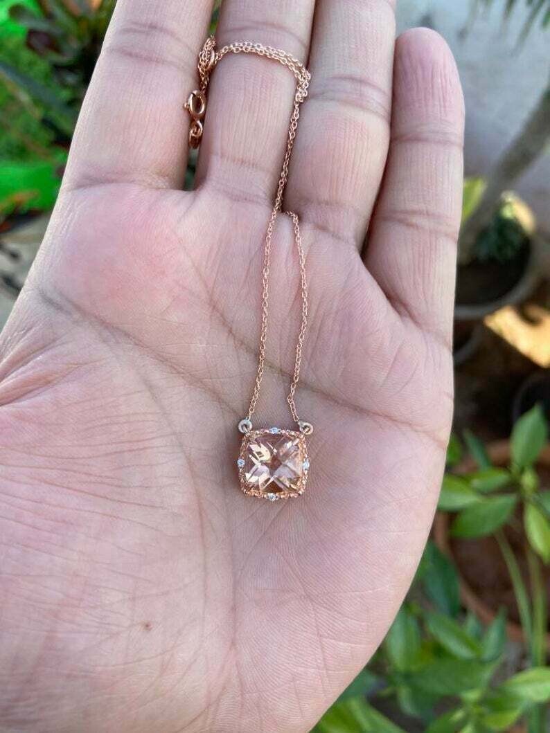 2Ct Cushion Cut Simulated Morganite Women’s Pendant 14K Rose Gold Plated Silver
