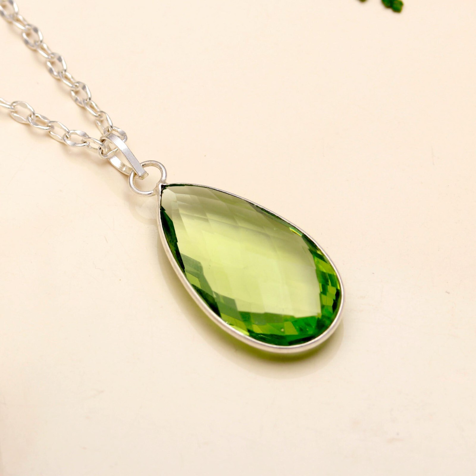 Green Amethyst Gemstone Adjustable 925 Sterling Silver Chain Necklace 18″