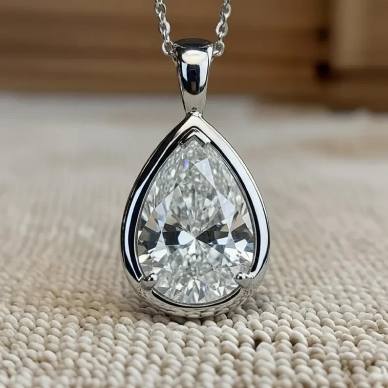 3.00 Ct Certified Pear Cut Solitaire Pendant, Silver Teardrop, Gift for Friend