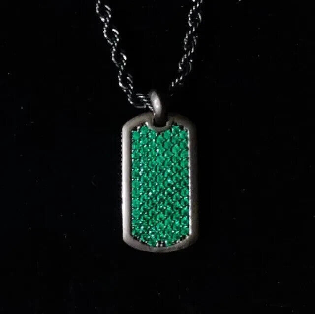 2.6Ct Round Cut Lab-Created Emerald Dog Tag Unisex Pendant 14k Black Gold Plated