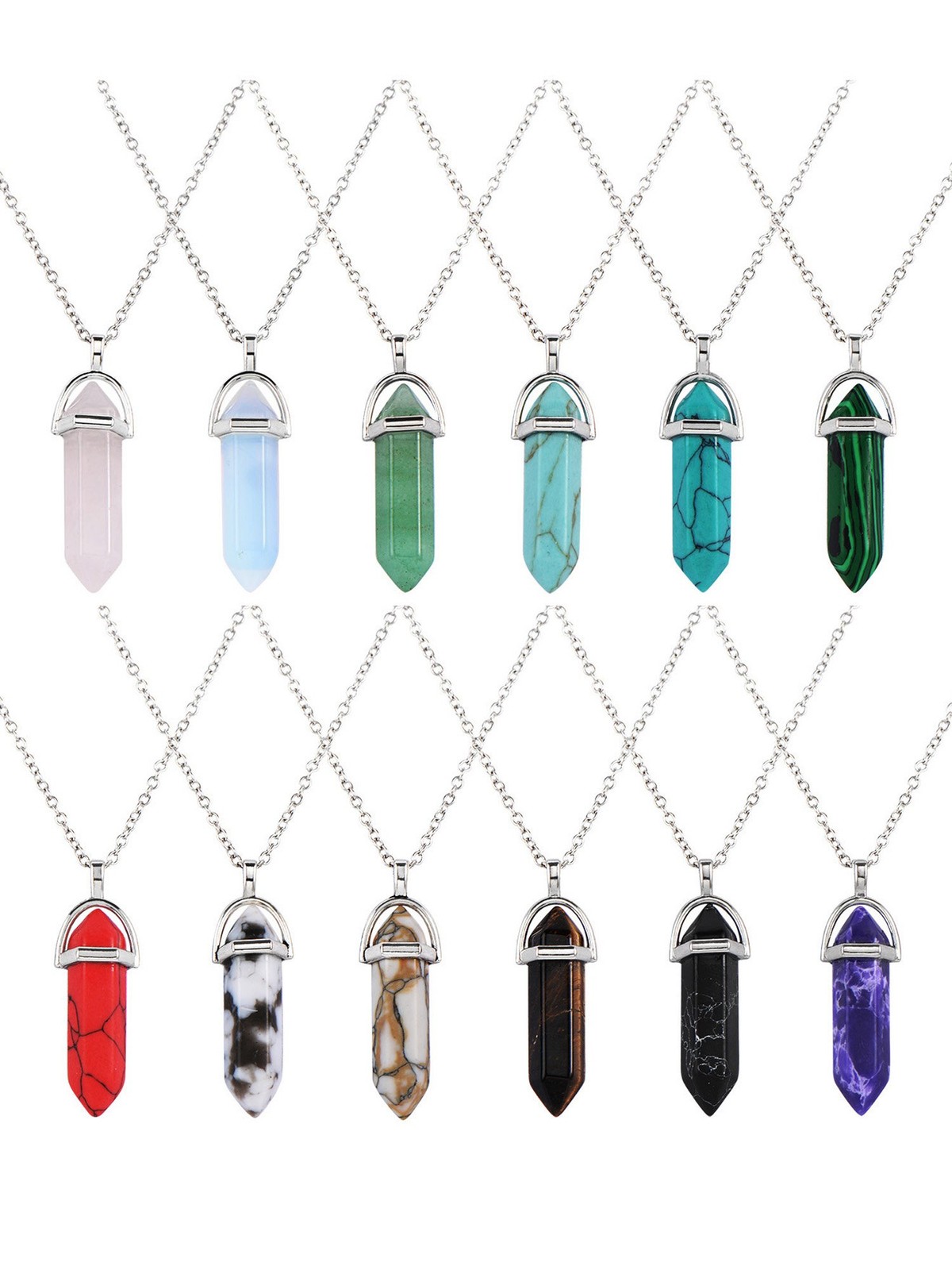 womens 12 Pieces Hexagonal Chakra Crystal Bullet Shape Gemstone Pendant Necklace