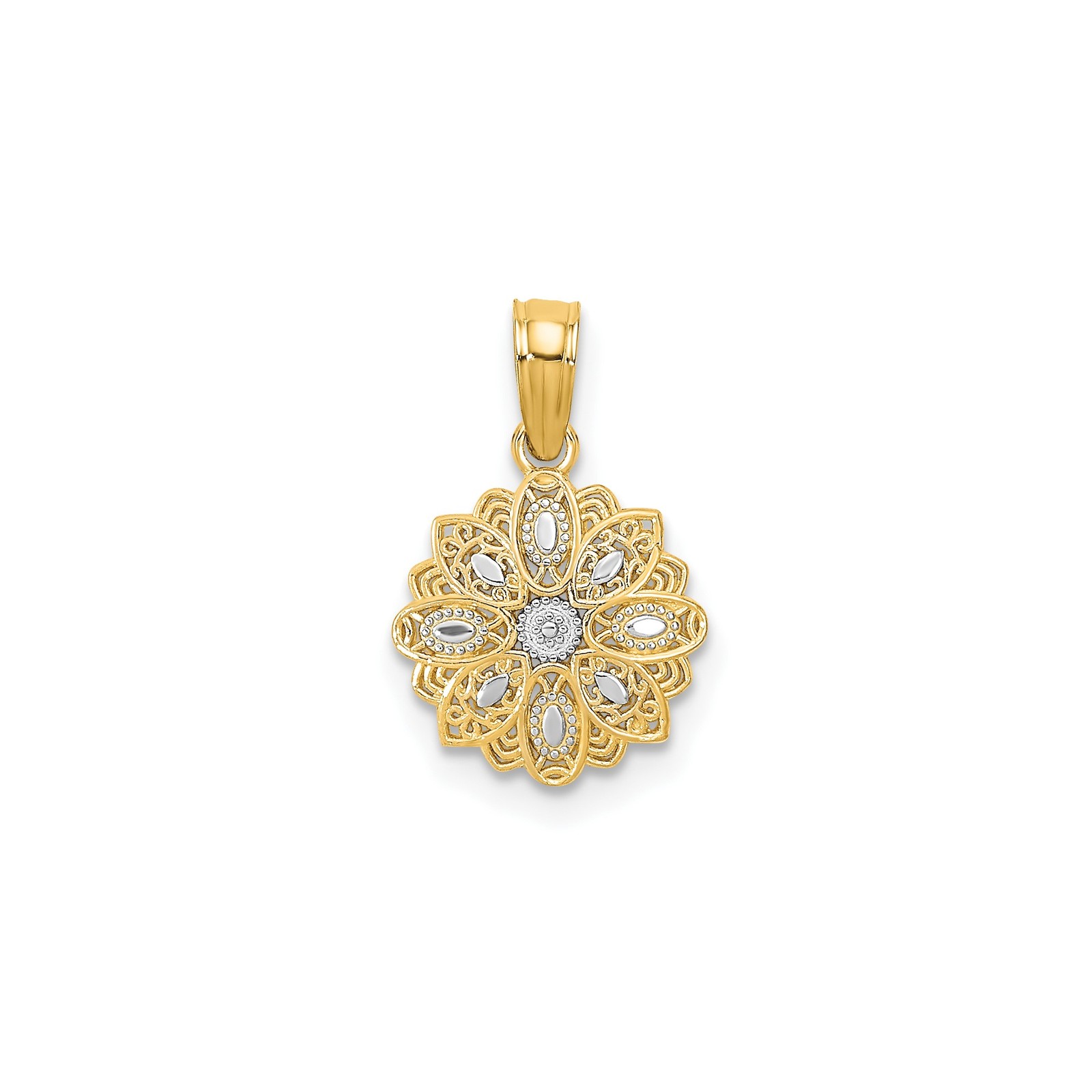 14k Yellow Gold Rhodium Mandala Pendant Filigree Floral Marquise Symbolic Boho