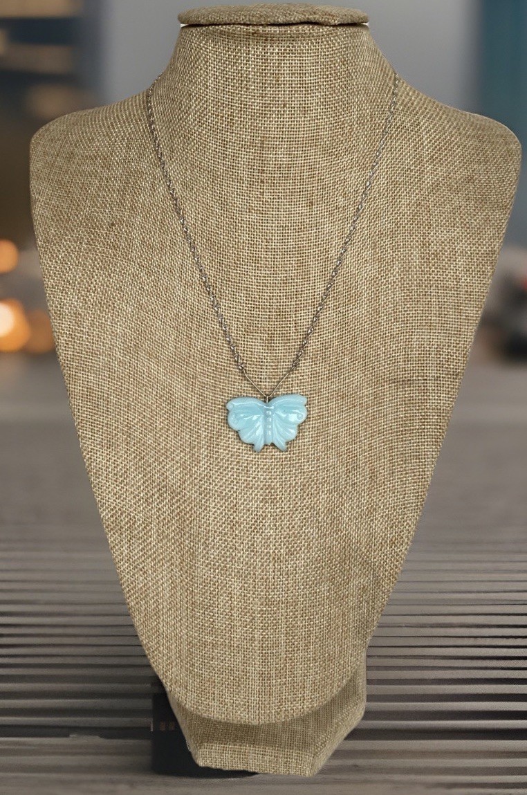 Sterling Silver Chain with Carved Blue Amazonite Butterfly Pendant 18″ Long