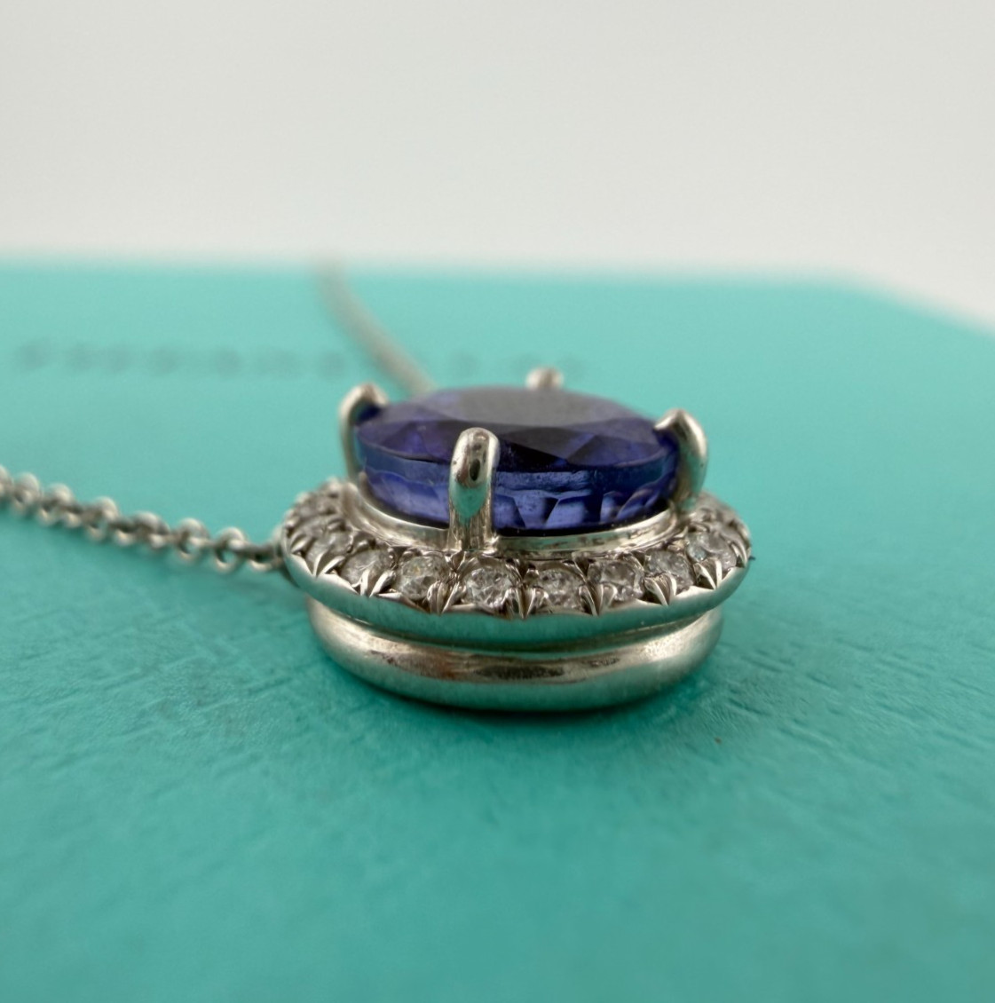 Tiffany & Co. Tanzanite Diamond Halo Solstice Necklace Platinum 16.25in