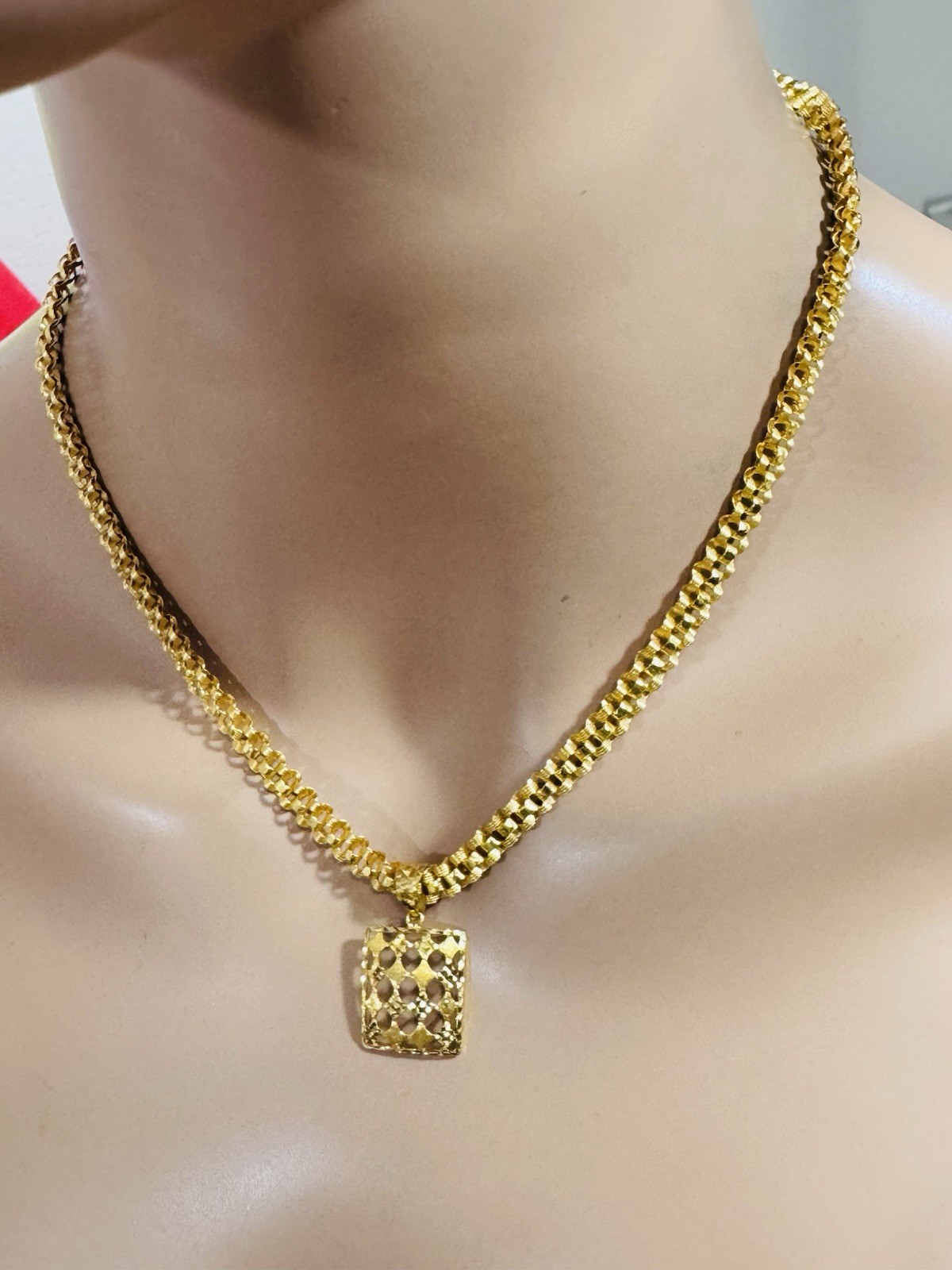 Solid 22K 916 Real Saudi Gold Rectangle Set Necklace 17”/17.5” Long 21.2g 6mm