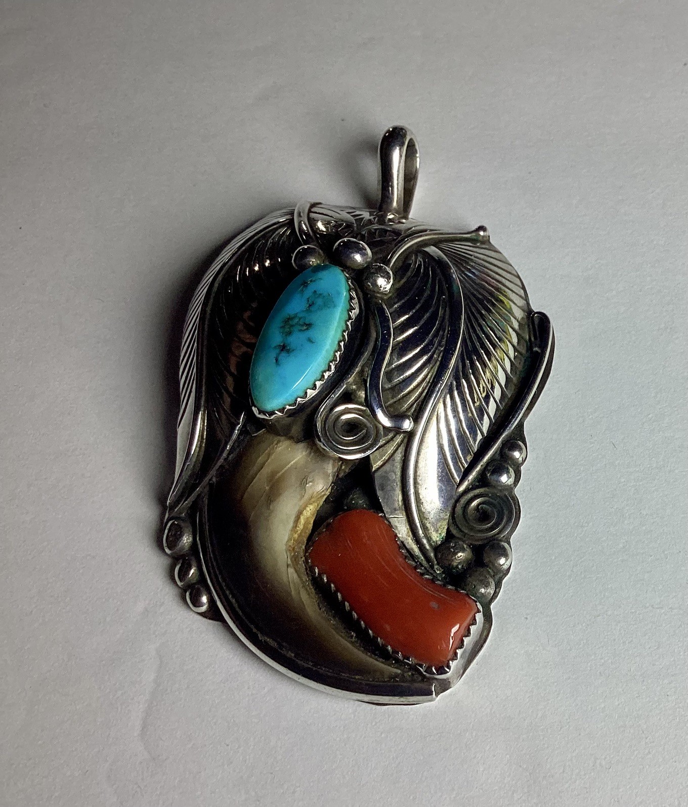 Vintage Navajo Sterling silver Natural Turquoise Red Coral Pendant signed