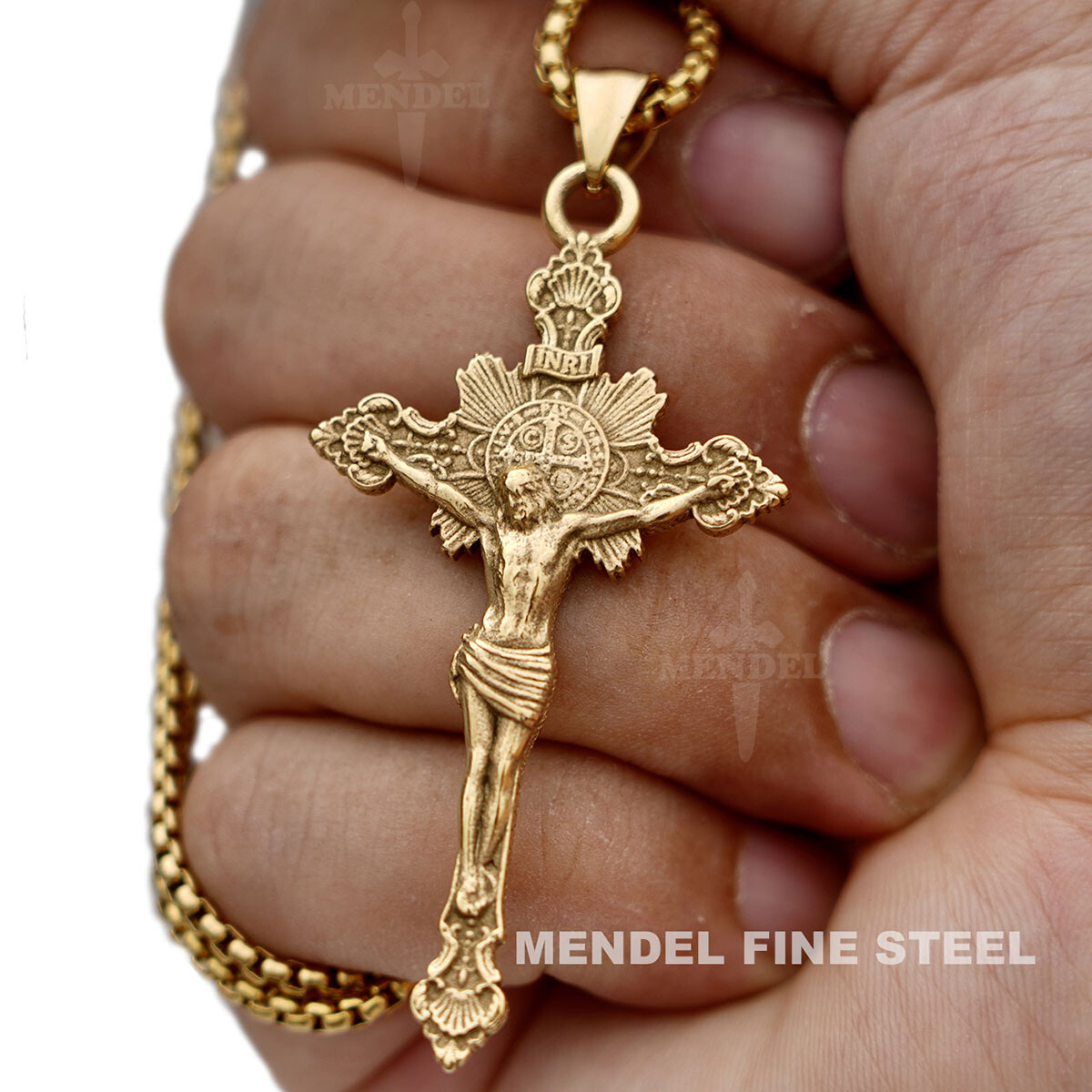 MENDEL Mens Gold Plated Jesus Crucifix Cross Pendant Necklace For Men Stainless