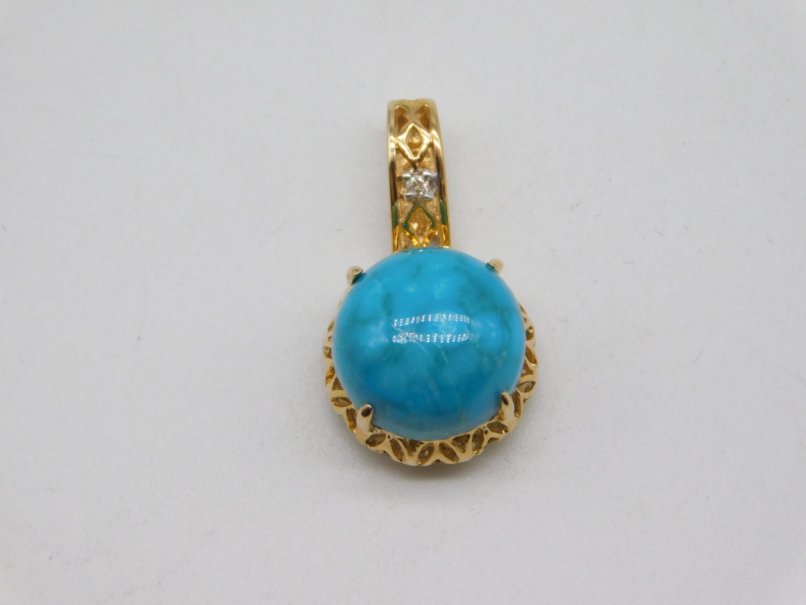 DESIGNER FP 14K SOLID YELLOW GOLD TURQUOISE DIAMOND STONE PENDANT