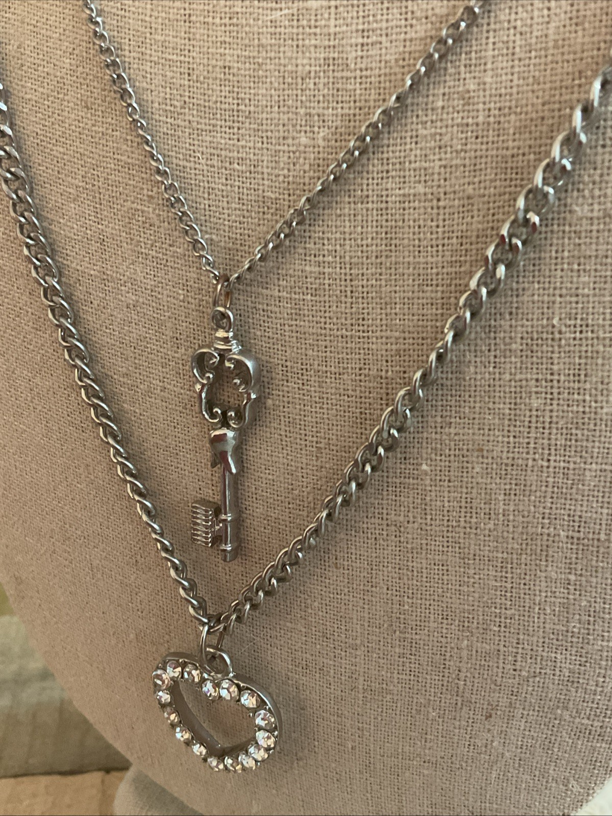Silver Tone Key and Heart Layered Necklace 16” Long With Ext