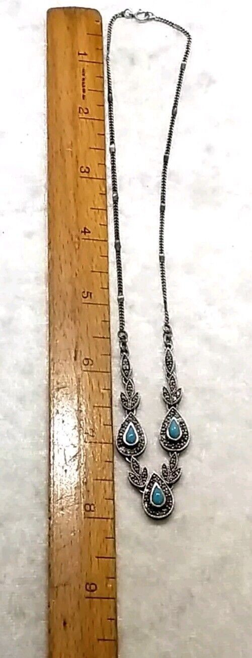 Vintage Marsala Sterling Silver Marcasite & Opaque Blue Amazonite 16″ Necklace
