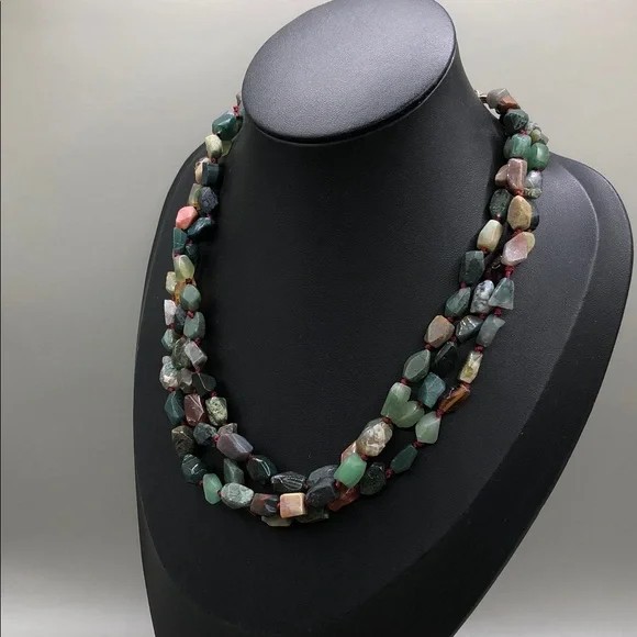 Triple layer layered stone gemstone necklace sterling silver 925 boho statement.