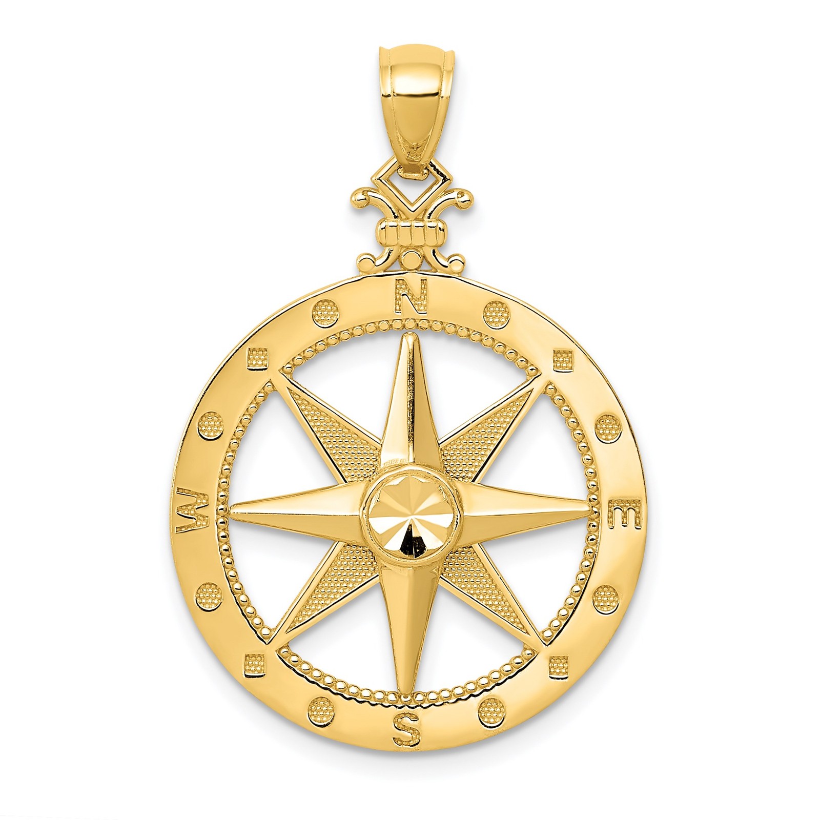 14k Yellow Gold Nautical Compass Rose Pendant Directional Travel Charm for Men
