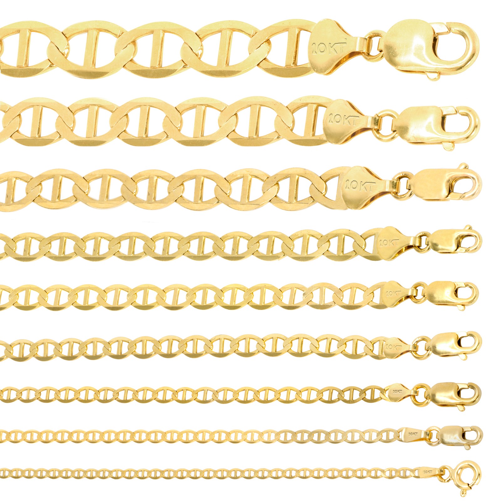10K Yellow Gold Solid 2mm-9mm Mariner Anchor Flat Link Pendant Necklace 16″- 30″