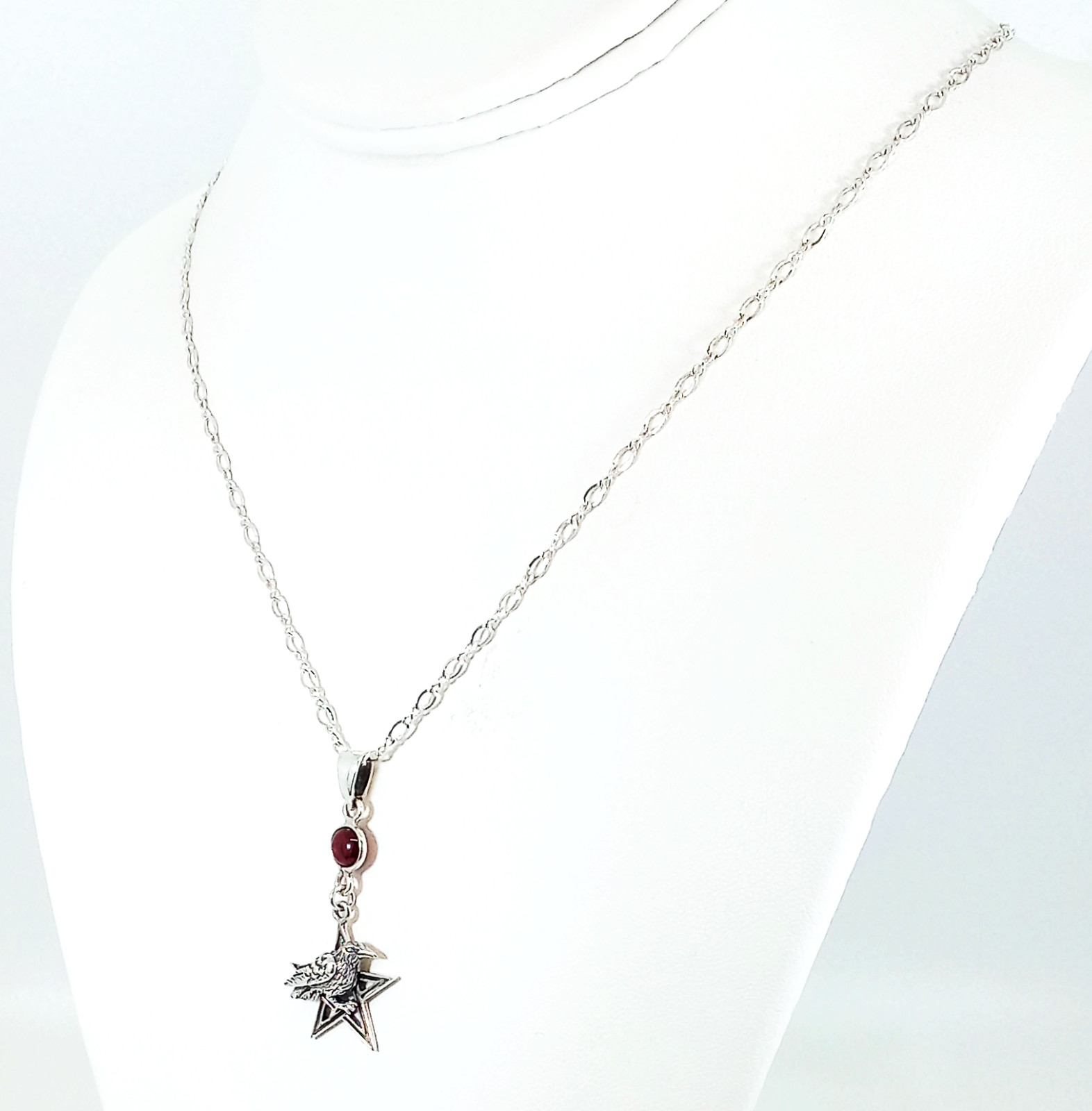 Vintage 925 Sterling Silver Garnet Pentagram Raven Necklace