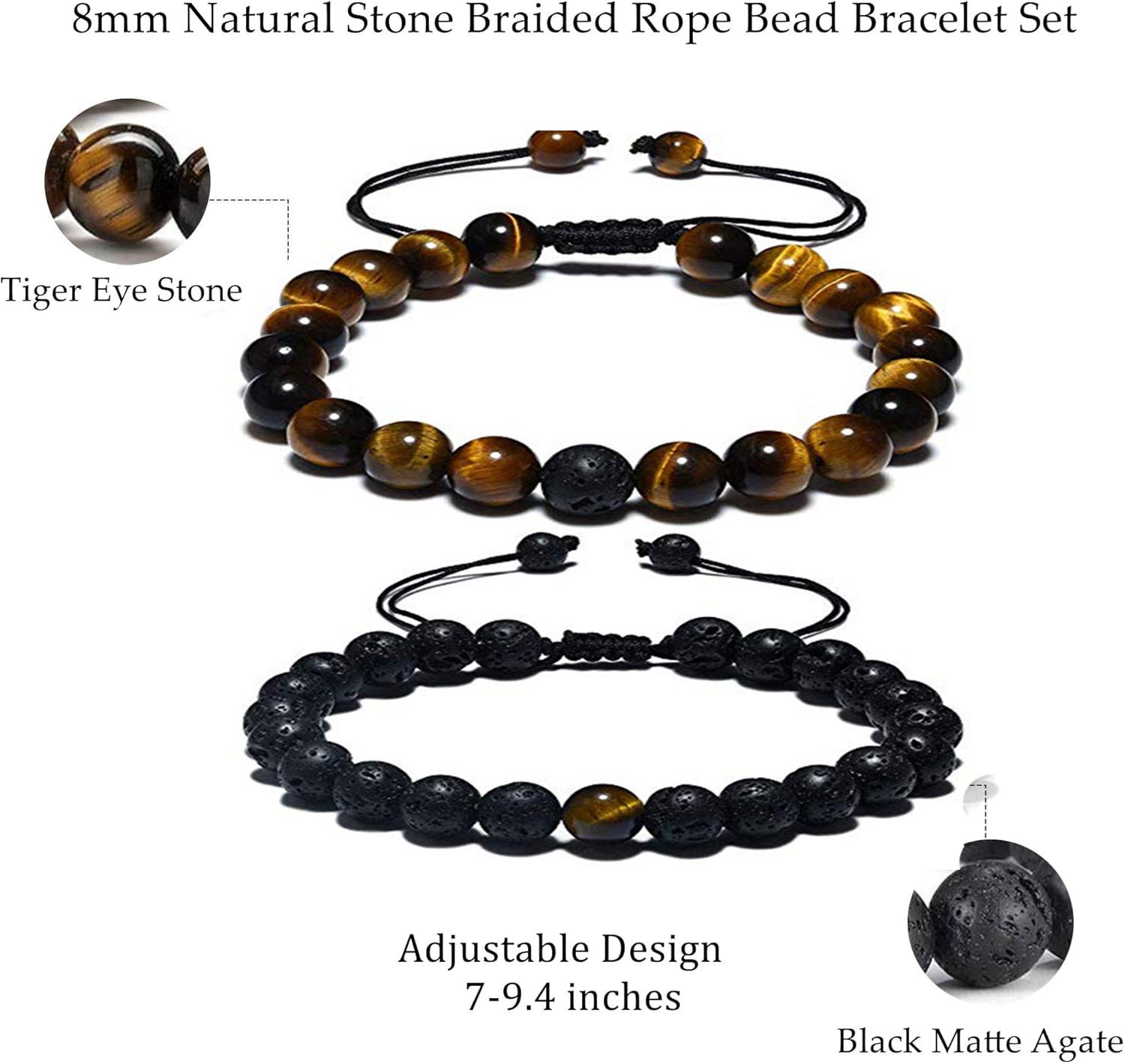 2PCS 8mm Triple Bracelets Adjustable Natural Tiger Eye Lava Rock Beaded Bracelet
